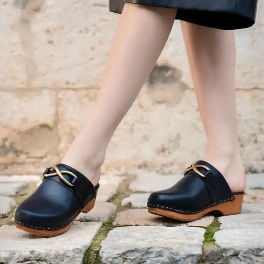 M. Gemi Black Leather Mules with Gold Accent